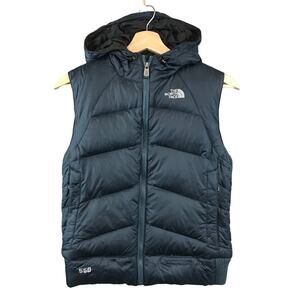 The North Face Women’s Size Blue Black 550 Goose Down Zip Winter Vest Hood